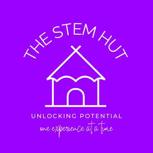 The STEM Hut - Full Logo - Purple background with central white hut line drawing, curved text above reading 'THE STEM HUT' and underneath it reads 'UNLOCKING POTENTIAL one experience at a time'.