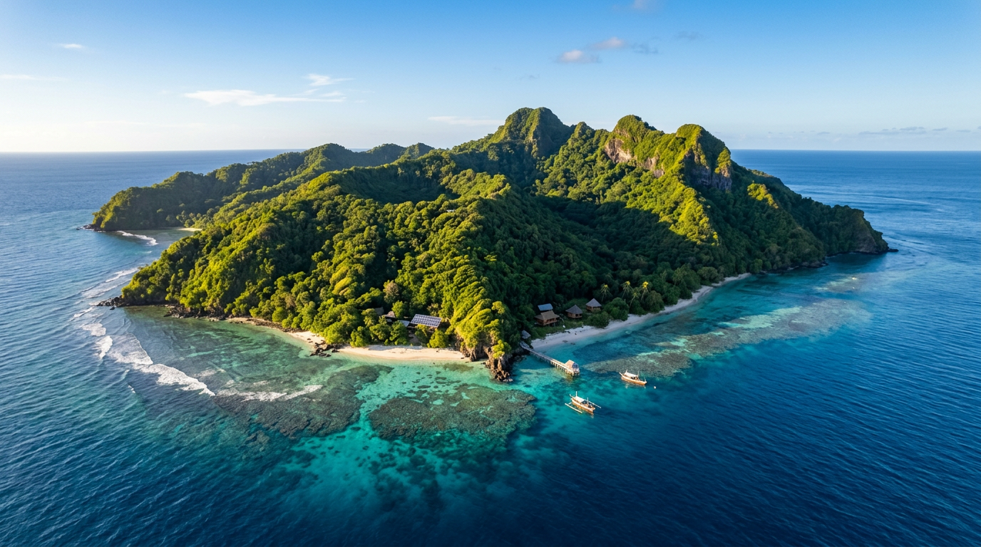 Lush tropical island with clear coral reefs Tropical island covered in dense green forest surrounded by clear ocean waters with visible coral reefs and small boats near shore